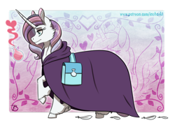 Size: 1468x1052 | Tagged: safe, artist:inuhoshi-to-darkpen, imported from derpibooru, potion nova, prince blue dream (g4), princess golden dream (g4), alicorn, pony, unicorn, my little pony: pony life, abstract background, bag, cloak, clothes, ear fluff, female, g4.5, hoof fluff, mare, raised hoof, saddle bag, smiling, solo, story included