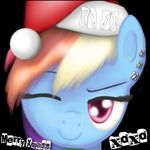 Size: 150x150 | Tagged: artist needed, safe, imported from derpibooru, rainbow dash, pony, christmas, hat, holiday, low res image, one eye closed, picture for breezies, santa hat, solo, wink, xoxo