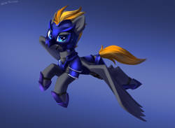 Size: 3000x2200 | Tagged: safe, artist:shido-tara, imported from derpibooru, oc, oc only, oc:blaze (shadowbolt), pegasus, pony, armor, armored pony, commission, flying, helmet, looking at you, night guard, night guard armor, pegasus oc, simple background, solo, wings