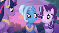 Size: 4444x2500 | Tagged: safe, artist:limedazzle, imported from derpibooru, starlight glimmer, trixie, twilight sparkle, alicorn, pony, unicorn, the last problem, clothes, dress, female, high res, horn, horn jewelry, horn ring, jewelry, lesbian, looking at each other, marriage, older, older starlight glimmer, older trixie, older twilight, princess twilight 2.0, ring, shipping, show accurate, smiling, startrix, trio, twilight sparkle (alicorn), wedding, wedding dress, wedding ring
