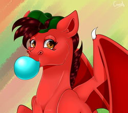 Size: 6254x5512 | Tagged: safe, artist:creed larsen, imported from derpibooru, oc, oc only, bat pony, pony, blowing, bubblegum, cap, food, gum, hat, simple background, solo