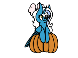 Size: 800x600 | Tagged: safe, artist:cococandy2007, imported from derpibooru, oc, oc only, oc:fleurbelle, alicorn, pony, alicorn oc, bow, female, hair bow, halloween, holiday, horn, mare, pumpkin, solo, wings, yellow eyes