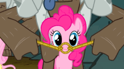 Size: 750x421 | Tagged: safe, imported from derpibooru, screencap, pinkie pie, diamond dog, earth pony, pony, a dog and pony show, animated, bridle, diamond dog guard, diamond dog riding pinkie pie, dogs riding ponies, female, gif, male, mare, riding, rope, smiling, smirk, tack