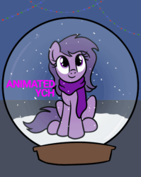 Size: 768x964 | Tagged: safe, artist:lannielona, imported from derpibooru, pony, advertisement, animated, christmas, christmas lights, clothes, commission, female, gif, holiday, looking up, magic, mare, scarf, simple, sitting, snow, snow globe, solo, your character here