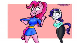 Size: 1920x1080 | Tagged: safe, artist:nativefall, imported from derpibooru, pinkie pie, rarity, anthro, earth pony, unicorn, arm behind back, breasts, busty pinkie pie, busty rarity, clothes, digital art, duo, duo female, female, horn, simple background, tail, thighs, wide hips