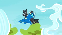 Size: 1280x720 | Tagged: safe, imported from derpibooru, screencap, thunderlane, pegasus, pony, marks and recreation, clothes, flying, goggles, male, solo, spread wings, stallion, uniform, wings, wonderbolts, wonderbolts uniform