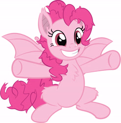 Size: 5501x5587 | Tagged: artist needed, source needed, safe, imported from derpibooru, pinkie pie, bat pony, pony, bat ponified, bat wings, cute, diapinkes, female, grin, hug, incoming hug, mare, pinkiebat, race swap, simple background, sitting, smiling, solo, vector, white background, wings