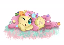 Size: 3000x2128 | Tagged: safe, artist:neondromeda, imported from derpibooru, fluttershy, pegasus, pony, cute, female, floral head wreath, flower, flower in tail, folded wings, high res, looking at you, lying down, mare, one eye closed, open mouth, prone, shyabetes, simple background, smiling, solo, white background, wings, wink, winking at you
