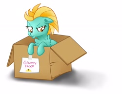 Size: 2326x1800 | Tagged: safe, artist:neondromeda, imported from derpibooru, lightning dust, pegasus, pony, box, chest fluff, female, floppy ears, folded wings, grumpy, high res, looking away, looking down, mare, note, pony in a box, pouting, simple background, solo, white background, wings