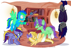 Size: 1200x804 | Tagged: safe, artist:jennieoo, imported from derpibooru, cattail, oc, oc only, oc:amber streak, oc:crescent star, oc:firestarter, oc:melody chaser, oc:swift, alicorn, bat pony, crystal pony, pegasus, pony, unicorn, :t, bell, bell collar, book, bookshelf, cat bell, collar, crystal unicorn, eyes closed, glasses, glowing horn, happy, horn, indoors, laughing, levitation, magic, pet play, playing, scrunchy face, show accurate, simple background, sleeping, smiling, telekinesis, tickling, transparent background, upside down