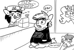 Size: 1761x1200 | Tagged: safe, artist:tjpones, imported from derpibooru, princess celestia, oc, oc:tjpones, alicorn, earth pony, pony, black and white, cash register, crying, dialogue, fast food, fat, food, grayscale, monochrome, parody, political cartoon, sitting, speech bubble, stan kelly, style emulation, the onion
