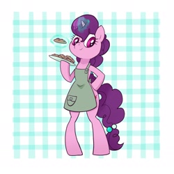 Size: 2412x2412 | Tagged: safe, artist:pfeffaroo, imported from derpibooru, sugar belle, pony, semi-anthro, unicorn, abstract background, apron, bipedal, clothes, cookie, female, food, mare, solo
