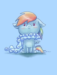 Size: 1536x2048 | Tagged: safe, artist:catscratchpaper, imported from derpibooru, rainbow dash, pegasus, pony, >:), beady eyes, blue background, blushing, chibi, clothes, cloud, cute, dashabetes, floppy ears, high res, looking at you, scarf, simple background, sitting, solo