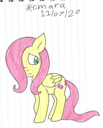 Size: 992x1236 | Tagged: safe, artist:cmara, imported from derpibooru, fluttershy, pegasus, pony, female, filly, filly fluttershy, folded wings, hair over one eye, lined paper, looking away, raised hoof, sad, simple background, solo, standing, traditional art, white background, wings, younger