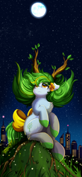 Size: 2550x5509 | Tagged: safe, artist:pridark, imported from derpibooru, imported from ponybooru, oc, oc only, dryad, pony, absurd resolution, commission, eyebrows, eyebrows visible through hair, female, full moon, high res, looking up, mare, moon, night, night sky, sitting, sky, smiling, solo, yellow eyes