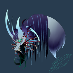 Size: 2000x2000 | Tagged: safe, artist:crystalcontemplator, imported from derpibooru, oc, oc only, draconequus, blue background, bust, draconequus oc, fangs, open mouth, signature, simple background
