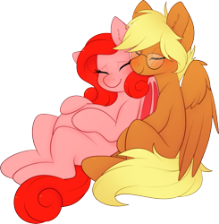 Size: 2925x2987 | Tagged: safe, artist:scarlet-spectrum, imported from derpibooru, oc, oc:coffee creme, oc:molly d, bat pony, pegasus, pony, eyes closed, glasses, hug, pregnant, rule 63, simple background, smiling, transparent background