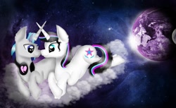 Size: 1080x663 | Tagged: safe, artist:rxndxm.artist, imported from derpibooru, oc, oc only, oc:heart beat, oc:shooting star, pony, unicorn, cloud, female, full moon, headphones, horn, male, mare, moon, oc x oc, on a cloud, shipping, stallion, unicorn oc