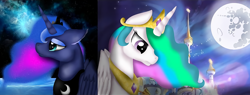 Size: 2160x822 | Tagged: safe, artist:rxndxm.artist, imported from derpibooru, princess celestia, princess luna, alicorn, pony, bust, duo, ethereal mane, female, folded wings, full moon, jewelry, looking down, mare, mare in the moon, moon, night, peytral, profile, royal sisters, sad, siblings, sisters, split screen, stars, tiara, wings