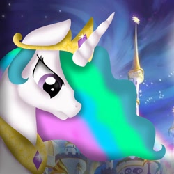 Size: 1080x1080 | Tagged: safe, alternate version, artist:rxndxm.artist, imported from derpibooru, princess celestia, alicorn, pony, bust, ethereal mane, female, full moon, jewelry, mare, moon, night, peytral, solo, stars, tiara