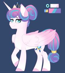 Size: 1272x1429 | Tagged: safe, artist:silentwolf-oficial, imported from derpibooru, oc, oc only, alicorn, pony, alicorn oc, blue background, colored hooves, horn, jewelry, not flurry heart, raised hoof, reference sheet, simple background, smiling, solo, tiara, wings