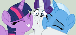 Size: 1746x800 | Tagged: safe, artist:jadeharmony, artist:jadethepegasus, imported from derpibooru, rarity, trixie, twilight sparkle, cheek squish, cheek to cheek, eyes closed, female, grin, hug, lesbian, polyamory, rarilight, rarixie, shipping, smiling, squishy cheeks, twixie, twixity