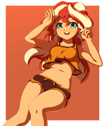 Size: 2500x3000 | Tagged: safe, artist:rockset, imported from ponybooru, sunset shimmer, equestria girls, clothes, female, looking at you, shorts, smiling, solo, solo female