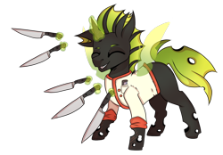 Size: 1342x932 | Tagged: safe, artist:ocelly, imported from derpibooru, oc, oc only, oc:karl the changeling, changeling, chef, chef knife, chef outfit, green changeling, happy, knife, male, scar, thermometer, threatening