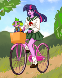 Size: 1024x1277 | Tagged: safe, artist:ameliacostanza, imported from derpibooru, spike, twilight sparkle, equestria girls, anime, basket, bicycle, clothes, cloud, collaboration, crossover, cute, female, inuyasha, kagome higurashi, male, shippo, skirt