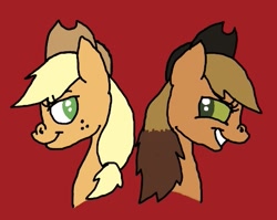 Size: 525x417 | Tagged: safe, artist:whistle blossom, imported from derpibooru, applejack, mean applejack, fanfic:the end of the end, the mean 6, applejack's hat, bust, clone, cowboy hat, duo, eviljack, female, hat, head only, looking at you, mare, red background, simple background