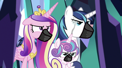 Size: 2208x1242 | Tagged: safe, edit, edited screencap, imported from derpibooru, screencap, princess cadance, princess flurry heart, shining armor, the beginning of the end, gag, horn, muzzle gag, smoking horn