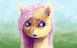 Size: 3097x1936 | Tagged: safe, artist:sharpieboss, imported from derpibooru, fluttershy, pegasus, pony, bandaid, bandaid on nose, bust, eyebrows, female, grass, grass field, mare, nose bandaid, open mouth, sky, solo, solo female, tree