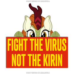 Size: 480x480 | Tagged: safe, artist:mrkat7214, edit, editor:tngjstn, imported from derpibooru, autumn blaze, kirin, awwtumn blaze, caption, coronavirus, cute, looking at you, mouthpiece, op is right, peeking, protest, sign, simple background, solo, transparent background, watermark