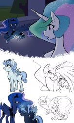 Size: 1280x2103 | Tagged: safe, artist:doggie31, imported from derpibooru, princess celestia, princess luna, oc, oc:princess artemis, oc:princess eris, alicorn, draconequus, hybrid, pony, alicorn oc, baby, baby pony, cousins, draconequus oc, female, foal, horn, interspecies offspring, magical parthenogenic spawn, mother and child, mother and daughter, offspring, parent:discord, parent:princess celestia, parent:princess luna, parents:dislestia, story included, wing shelter, wings