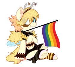 Size: 3417x3069 | Tagged: safe, artist:vi45, artist:vizirka, imported from derpibooru, oc, oc only, oc:busy buzz (ice1517), bee pony, original species, pony, clothes, collar, commission, deely bobbers, female, gay pride flag, grin, hairband, hoofless socks, mare, mask, mismatched socks, pride, pride flag, rainbow, rainbow flag, raised hoof, raised leg, shirt, shorts, simple background, sitting, smiling, socks, solo, striped socks, transparent background, wristband, ych result