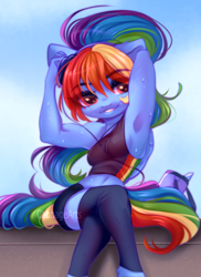 Size: 700x960 | Tagged: safe, artist:cabbage-arts, imported from derpibooru, rainbow dash, anthro, adorasexy, armpits, belly button, blushing, breasts, busty rainbow dash, cleavage, crossed legs, cute, dashabetes, female, headphones, muscles, ponytail, sexy, sitting, smiling, solo, stupid sexy rainbow dash, sweat, watermark