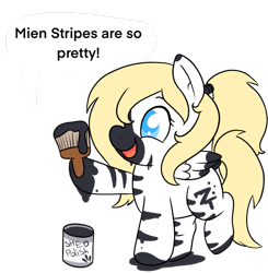 Size: 795x810 | Tagged: safe, edit, imported from derpibooru, oc, oc only, oc:luftkrieg, pegasus, pony, zebra, cute, dialogue, female, filly, happy, misspelling, op is a duck, open mouth, paintbrush, painted, racism, raised leg, simple background, solo, striped, stripeface, transparent background, zebraface