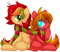 Size: 1146x1000 | Tagged: safe, artist:loyaldis, imported from derpibooru, oc, oc only, oc:compu, oc:maple, pegasus, pony, robot, robot pony, clothes, commission, female, filly, pegasus oc, scarf, shared clothing, shared scarf, simple background, transparent background, tulpa, wings
