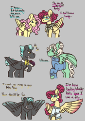 Size: 864x1235 | Tagged: safe, artist:justanotherfan-trash, imported from derpibooru, fluttershy, gentle breeze, posey shy, thunderlane, pegasus, pony, bouquet, bowtie, dialogue, female, flower, gray background, in-laws, male, mare, one wing out, shipping, simple background, stallion, straight, thundershy, wings