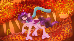 Size: 3200x1800 | Tagged: safe, artist:jamlotte1, imported from derpibooru, oc, oc only, oc:cosmic star, alicorn, pony, alicorn oc, autumn, clothes, ethereal mane, female, forest, horn, leaves, mare, raised hoof, scarf, smiling, solo, tree, wind, wings