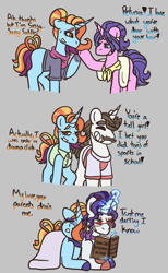 Size: 756x1226 | Tagged: safe, artist:justanotherfan-trash, imported from derpibooru, cookie crumbles, hondo flanks, rarity, sassy saddles, pony, unicorn, alternate hairstyle, book, comic, cuddling, dialogue, female, glasses, gray background, in-laws, lesbian, lying down, mare, prone, rarisaddles, reading, shipping, simple background