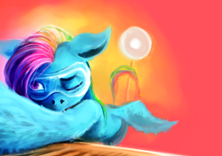 Size: 2918x2056 | Tagged: safe, artist:sharpieboss, imported from derpibooru, rainbow dash, pegasus, pony, female, floppy ears, fluffy, focused, light, mare, offscreen character, pov, safety goggles, simple background, solo