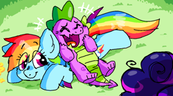 Size: 1132x628 | Tagged: safe, artist:raystarkitty, imported from derpibooru, rainbow dash, spike, twilight sparkle, dragon, pegasus, pony, unicorn, friendship is magic, cute, dashabetes, eye clipping through hair, female, grass, kidcore, laughing, lying, lying down, male, mare, offscreen character, scene interpretation, unicorn twilight