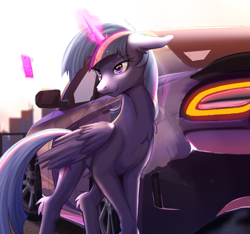 Size: 769x719 | Tagged: safe, artist:sakuracheetah, imported from derpibooru, twilight sparkle, alicorn, pony, car, cellphone, dodge charger, female, floppy ears, magic, phone, smartphone, solo, twilight sparkle (alicorn), wings