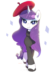 Size: 2400x3200 | Tagged: safe, artist:fuyugi, artist:nendo, imported from derpibooru, rarity, pony, unicorn, sweet and elite, alternate hairstyle, beatnik rarity, beret, clothes, cute, female, hat, high res, looking at you, mare, raribetes, simple background, solo, sweater, white background, white pupils