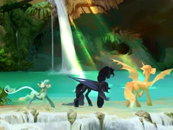 Size: 2560x1920 | Tagged: safe, artist:yanisfucker, imported from derpibooru, oc, oc only, alicorn, bat pony, bat pony alicorn, earth pony, pony, bat wings, horn, leonine tail, scenery, smiling, spread wings, trio, water, waterfall, wings