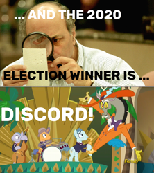 Size: 2880x3240 | Tagged: safe, derpibooru exclusive, edit, edited screencap, imported from derpibooru, screencap, discord, draconequus, earth pony, human, pony, unicorn, dungeons and discords, 2020, 2020 election, 2020 presidential election, argument in the comments, base, bipedal, drum kit, drums, irl, irl human, male, musical instrument, photo, politics, saxophone, stallion, zoot suit