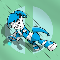 Size: 2500x2500 | Tagged: safe, artist:pizzamovies, imported from derpibooru, pony, robot, robot pony, angry, female, jenny wakeman, kicking, laser gun, mare, my life as a teenage robot, ponified, simple background, solo