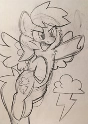 Size: 908x1280 | Tagged: safe, artist:raystarkitty, imported from derpibooru, rainbow dash, pegasus, pony, badass, badass adorable, cute, dashabetes, female, flying, mare, monochrome, open mouth, sketch, solo, traditional art