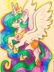 Size: 3024x4032 | Tagged: safe, artist:raystarkitty, imported from derpibooru, princess celestia, alicorn, pony, alternate cutie mark, eye clipping through hair, female, mare, solo, traditional art